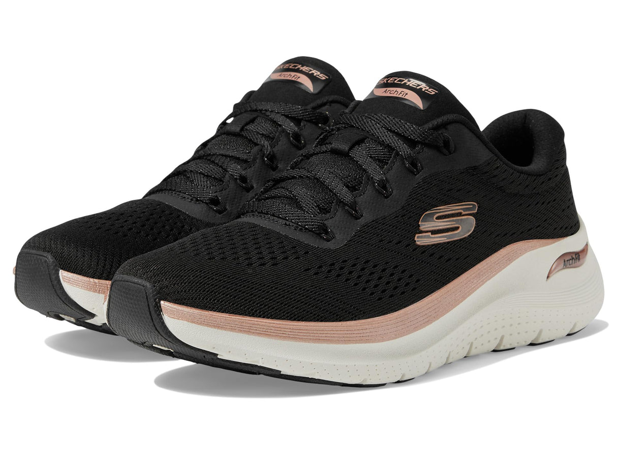 Skechers Arch Fit 2.0 Glow The Distance, Zapatillas Mujer, Black Mesh/Rose Gold Trim, 38.5 EU