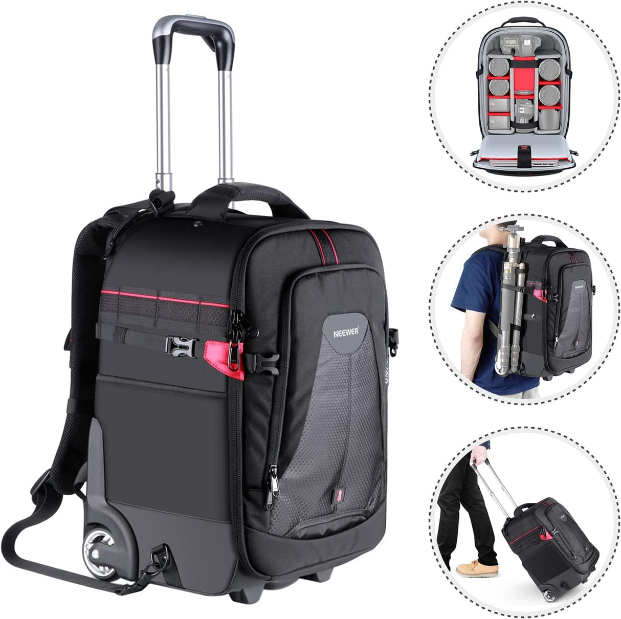 Neewer Maletín con Ruedas 2 en 1 para Cámaras: Antigolpes Acolchado y Extraíble, Asa Retráctil Oculta, para Cámara, Trípode, Flash, Lentes y Portátil. para Viajes en Avión