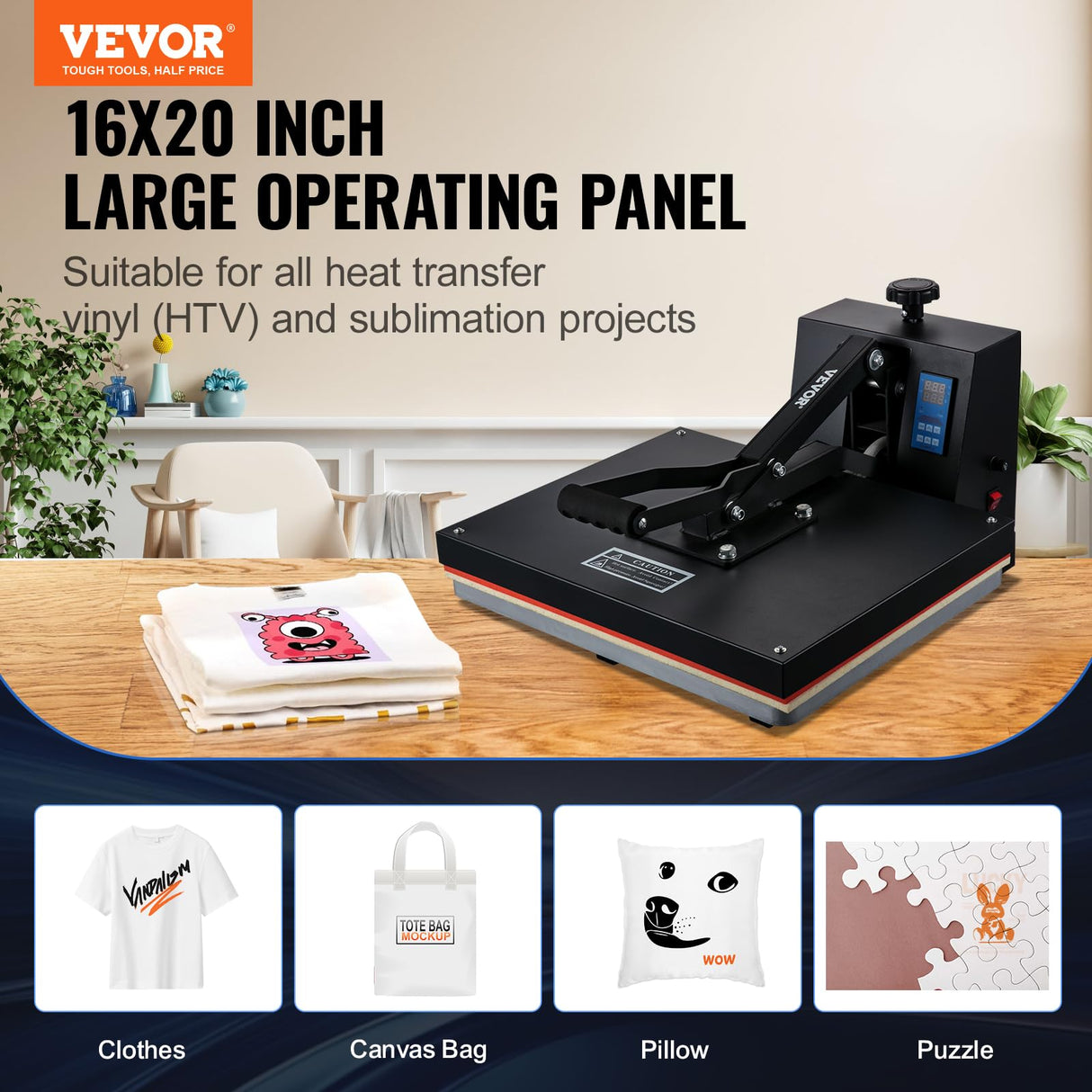 VEVOR Prensa de Calor Negro 406x510 mm Máquina de Sublimación Textil 1700 W Calentamiento Rápido Prensa de Calor por Transferencia por Sublimación Digital e Industrial para Camiseta, Bolso, Almohada