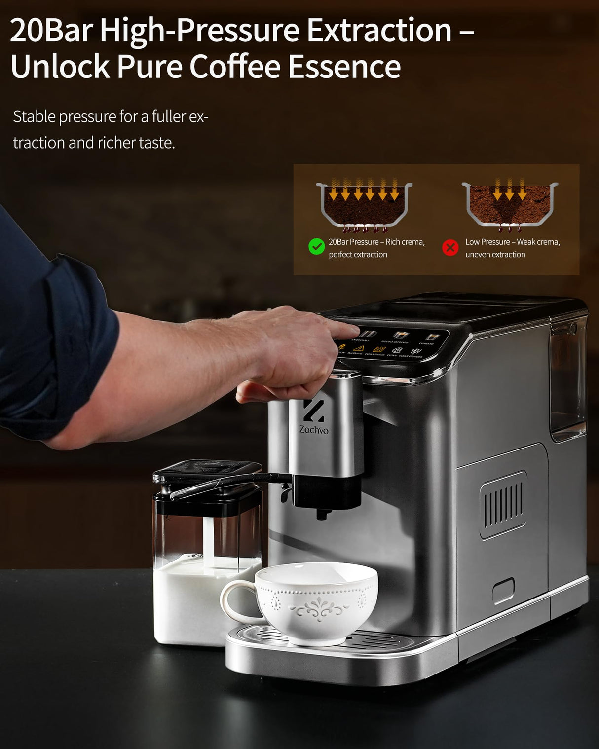 ZACHVO Cafetera Superautomática con Sistema de Leche–20 Bares, 7 Bebidas, 15 Niveles de Molido, Depósito de Agua de 1,5L, Doble Caldera, Control PID, Limpieza Automática,Pantalla Táctil，Café con Leche
