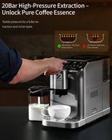 ZACHVO Cafetera Superautomática con Sistema de Leche–20 Bares, 7 Bebidas, 15 Niveles de Molido, Depósito de Agua de 1,5L, Doble Caldera, Control PID, Limpieza Automática,Pantalla Táctil，Café con Leche