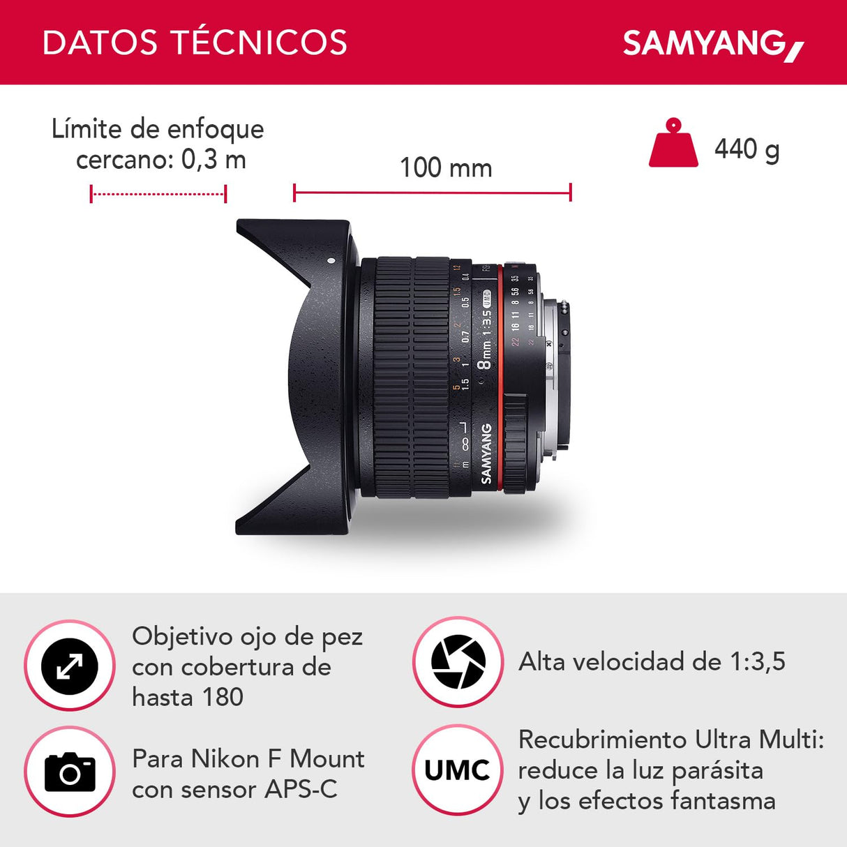 Samyang F1121903101 - Objetivo fotográfico DSLR para Nikon F Ae (Distancia Focal Fija 8mm, Apertura f/3.5-22 UMC, Ojo de Pez, CSII), Negro