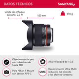 Samyang F1121903101 - Objetivo fotográfico DSLR para Nikon F Ae (Distancia Focal Fija 8mm, Apertura f/3.5-22 UMC, Ojo de Pez, CSII), Negro