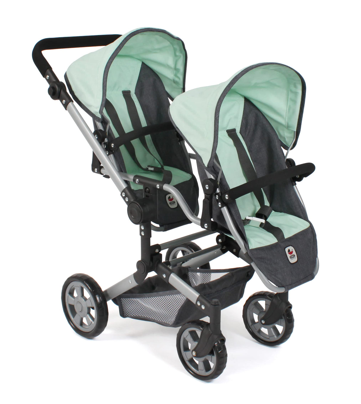 Bayer Chic 2000 - Cochecito de muñecas Linus Duo, Carrito de muñecas Gemelos para niños de 4 a 8 años, Melange Gris Oscuro, Menta, 690-67