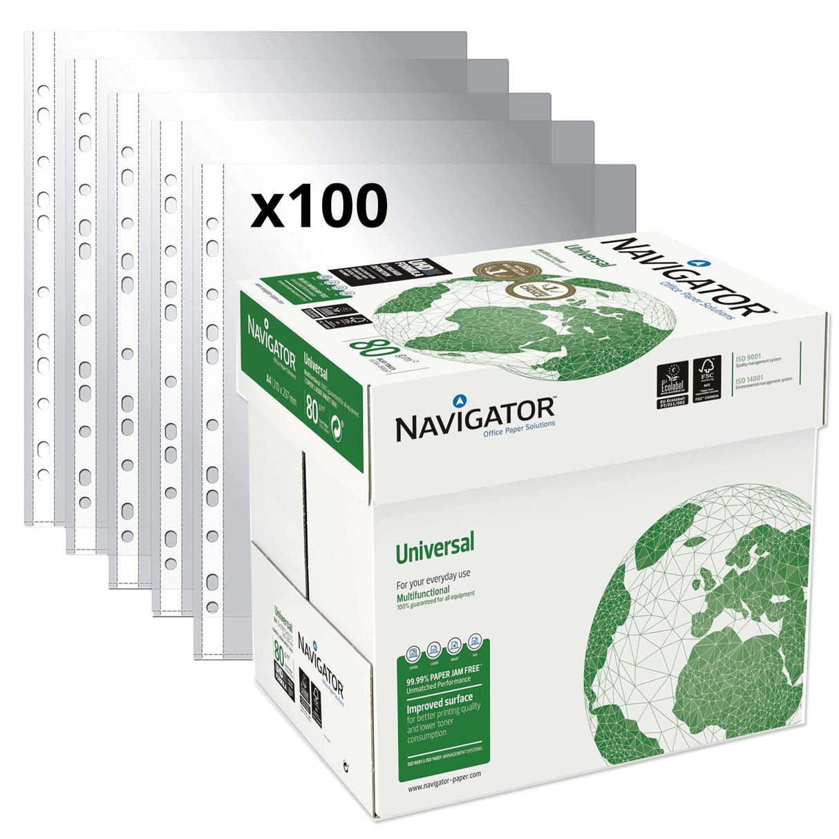 Pack Paquete de 500 Folios Navigator Universal A4 80gr + Fundas Multitaladro Plástico para Folios, Paquete de Folios Din A4 - Ofituria (2500 hojas + 100 fundas)