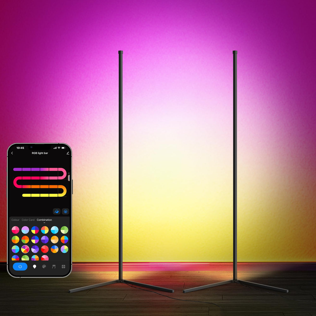 LuminexDesigns Pack de 2 Lámparas de Pie LED RGB 150cm – Luces de Esquina Regulables con Mando a Distancia, Control Alexa, Iluminación Decorativa para Salón, Dormitorio o Zona Gaming