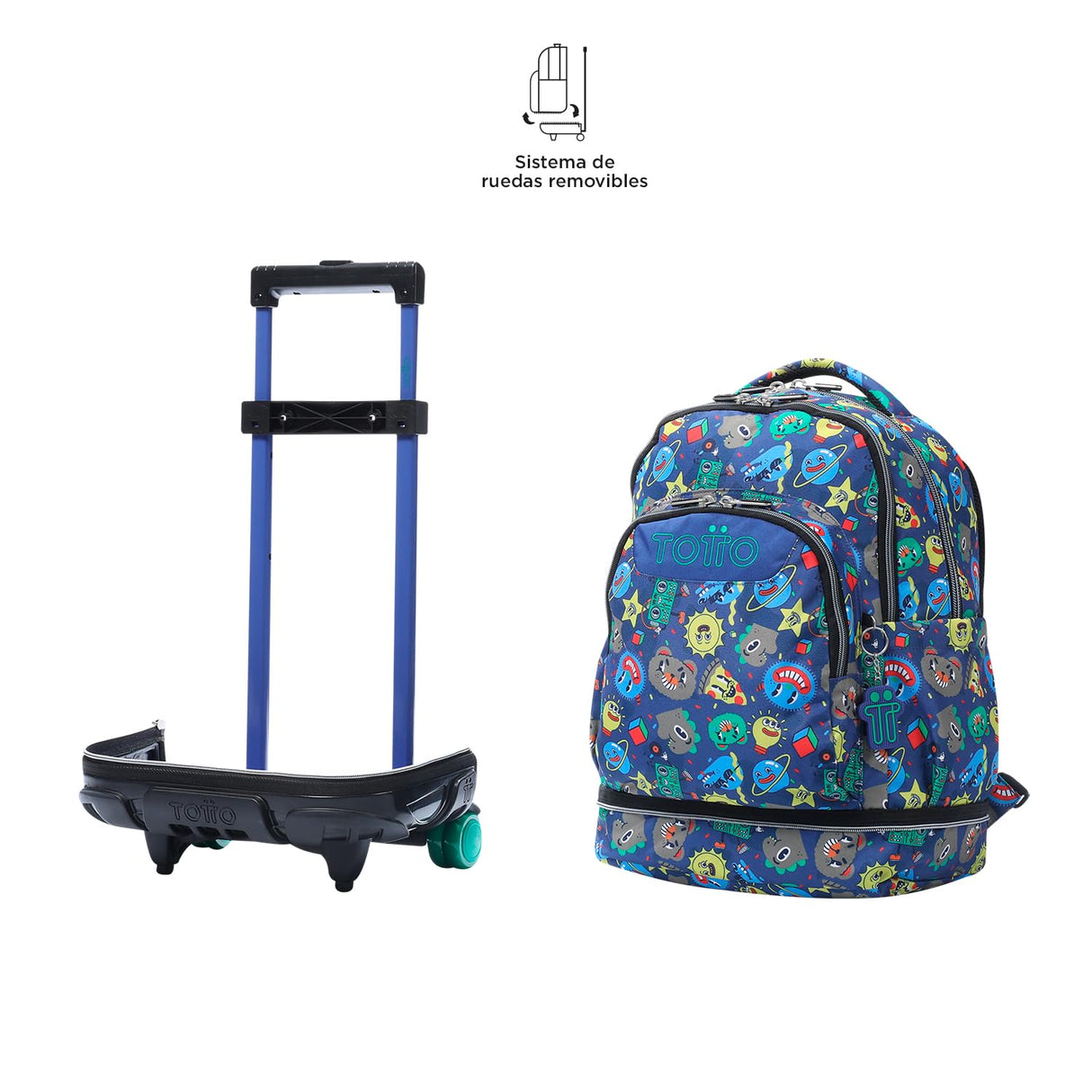 TOTTO - Mochila Escolar con Ruedas Desmontables, Modelo Tiza, Capacidad 26 L, Mochila PC 15.4", Bolsillo Botella, Manija Telescópica, Espaldar Ergonómico y Correas en S, Estampado Tello Azul