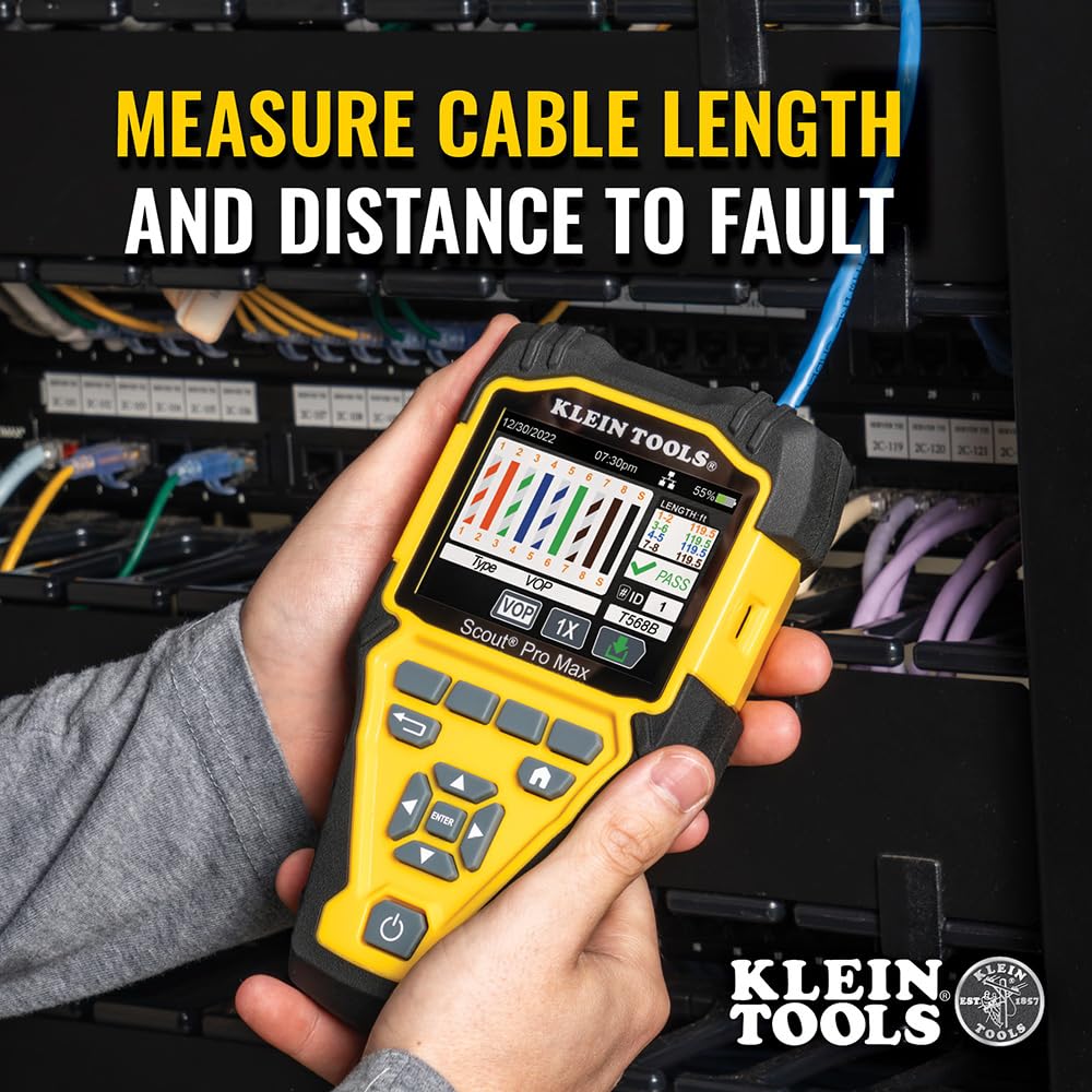 Klein Tools VDV501-770 - Juego de comprobador de cables, Scout Pro Max Ethernet, coaxial/video, teléfono, (RJ11/RJ12/RJ45) cables de conector F, controles remotos de prueba y mapa