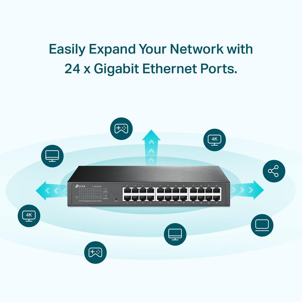 TP-Link TL-SG1024DE - Gigabit Ethernet Switch de 24 Puertos (Easy Smart Managed, Plus no gestionado, Plug and Play, Escritorio, Montaje en Bastidor, Metal, Sin Ventilador, Vida Útil Limitada)