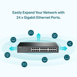 TP-Link TL-SG1024DE - Gigabit Ethernet Switch de 24 Puertos (Easy Smart Managed, Plus no gestionado, Plug and Play, Escritorio, Montaje en Bastidor, Metal, Sin Ventilador, Vida Útil Limitada)