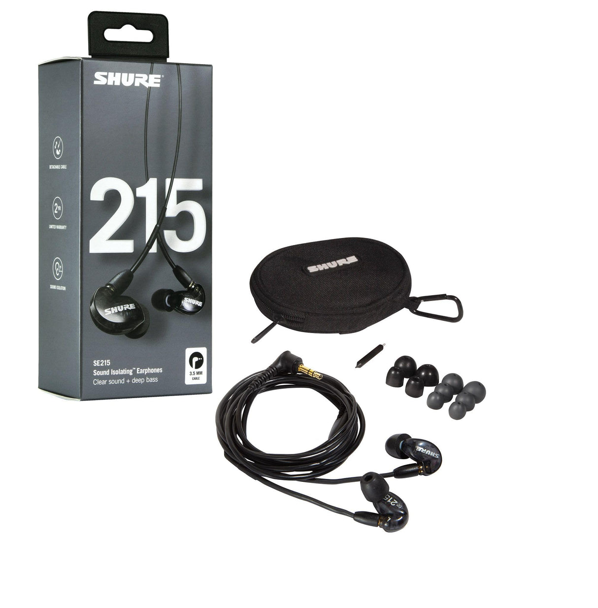 Shure SE215-K-E, auriculares in-ear con aislamiento de sonido de calidad, sonido cálido y con detalles con graves mejorados, cable desmontable,negro