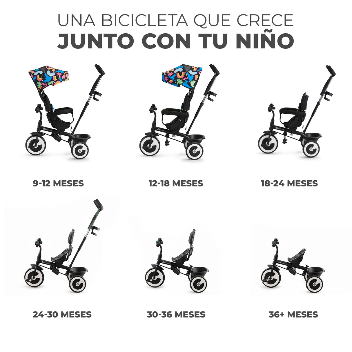 Kinderkraft Aston Triciclo Evolutivo, Bicicleta Sin Pedales, Bicicleta Bebe, para Niños, Cinturón, con Accesorios, Portavasos, Cesta, 9 Meses a 25 kg, Happy Shapes