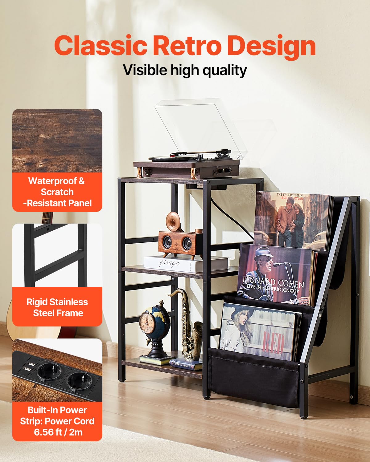 VEVOR Soporte para Tocadiscos 840 x 300 x 740 mm de 3 Niveles con Estación de Carga y Puertos USB, Admite Hasta 200 álbumes, Soporte para Tocadiscos con Almacenamiento de Discos de Vinilo, Negro