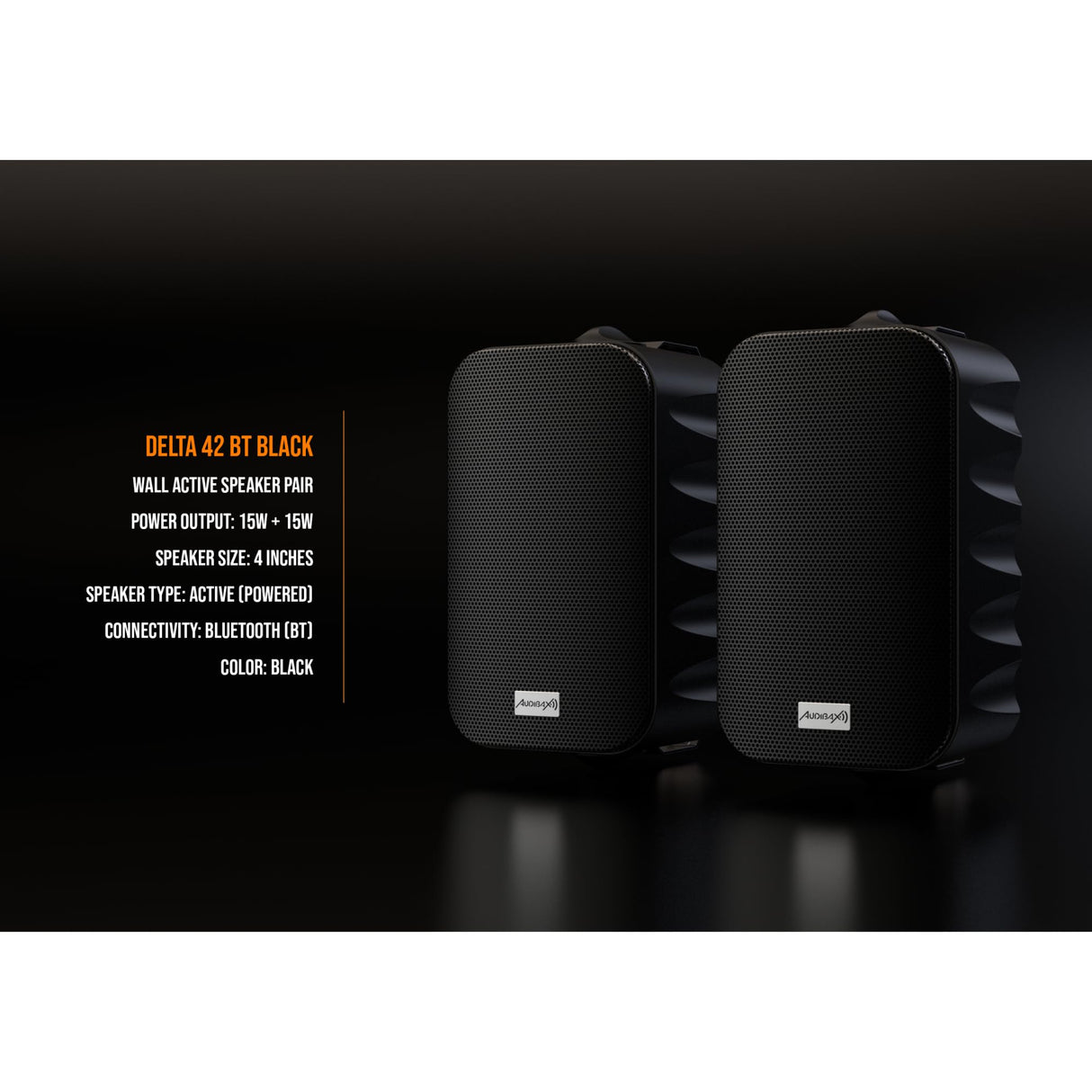 Audibax Delta 42 BT Black Pareja de Altavoces Bluetooth – Altavoces Activos de Alto Rendimiento para Pared – Compatible con Bluetooth - Alto Rango de Frecuencia (90Hz-20kHz) - Sonido Envolvente