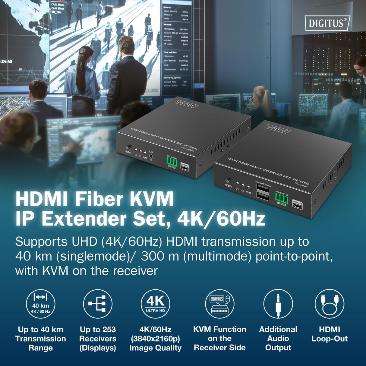DIGITUS HDMI Fiber KVM IP Extender Set – UHD 4k 60Hz – HDMI 2.0 – Alcance MM 300 m y SM 40 km – Transmisor y receptor – Hasta 253 receptores – 2x USB para ratón, teclado – Punto a punto – Negro