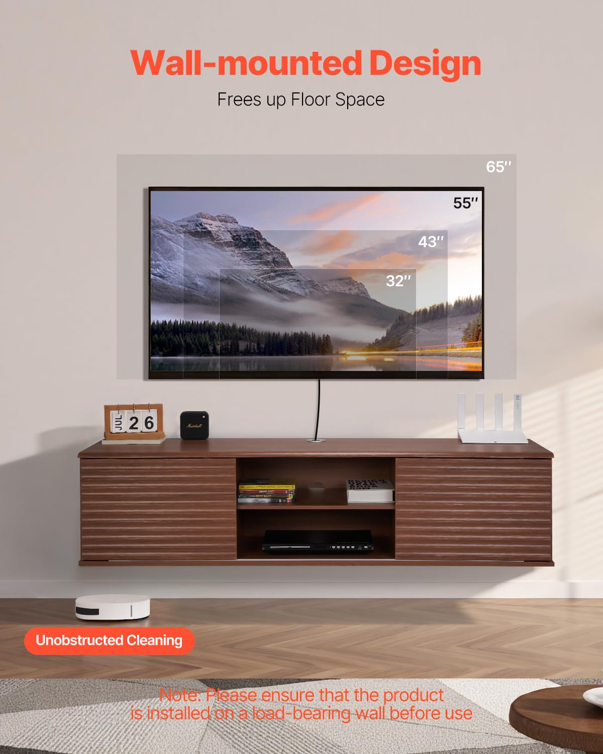 VEVOR Mueble de TV en la Pared, Estante Flotante para TV 1520 x 390 x 368 mm con Estante Ajustable y Puertas Correderas para Reproductor de DVD, Decodificador de Cable, Carga de 52 kg, Nogal