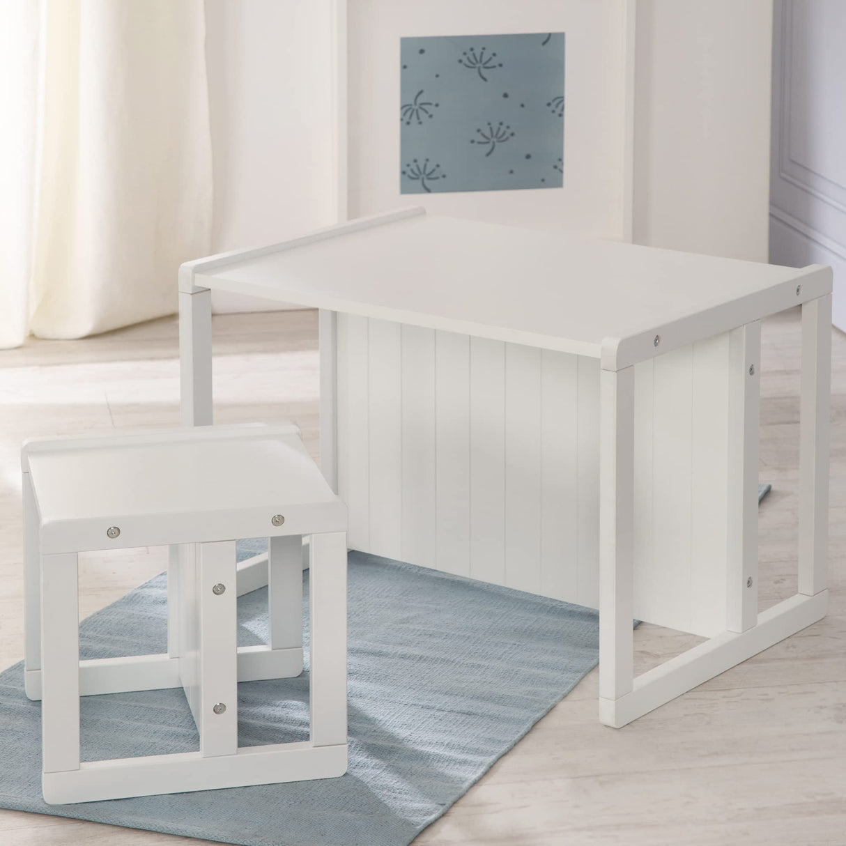 roba Grupo de Asiento de Estilo rústico para niños, 1 Taburete y un Banco para niños Convertible a la Mesa, Color Blanco