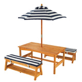 KidKraft Conjunto jardín de Mesa y 2 Bancos de Madera para niños con sombrilla y Cojines, Muebles para terrazza, Patio y Exterior al Aire Libre (00106)