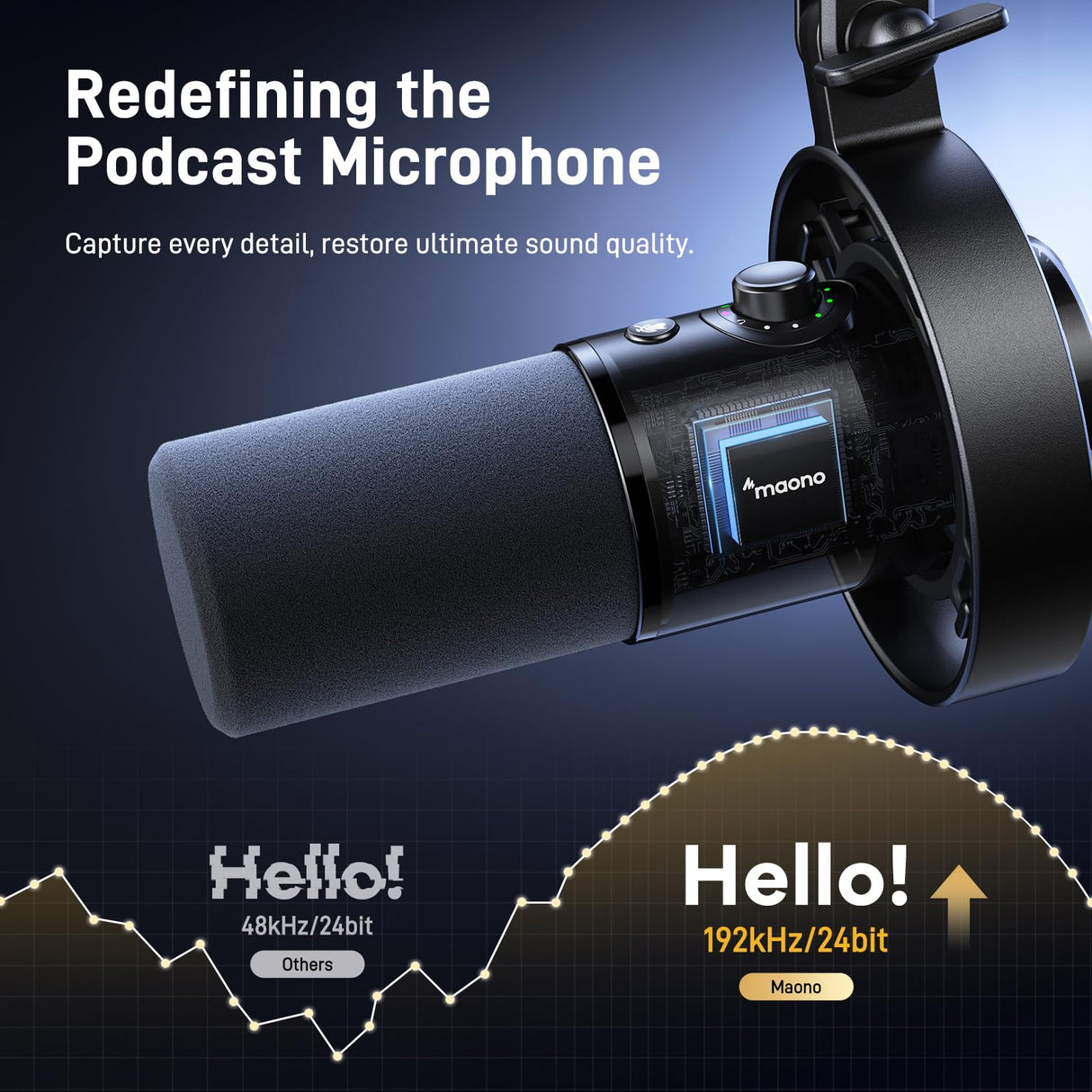 MAONO Micrófono PD300X para Podcast, Micro Profesional XLR/USB, Hi-FI 192 kHz/24 bits, reducción de Ruido, Software Link, para podcasting y grabaciones de Voz en Estudio