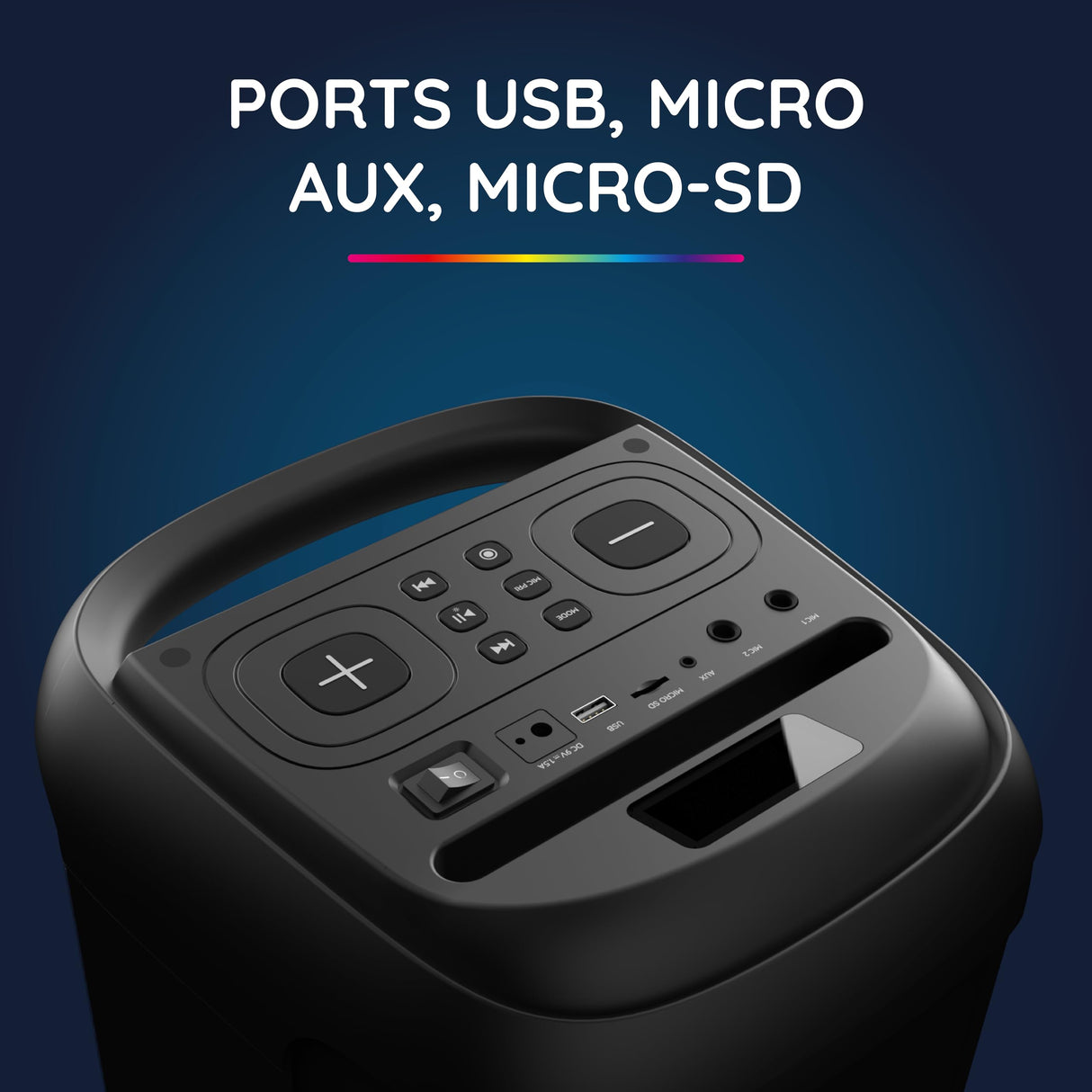 R-MUSIC - Blaster M - Altavoz de Alta Potencia - Bluetooth, Luces RGB, Modo Karaoke, asa integrada, micrófono Incluido, Soporte para teléfono y Tableta integrada - Autonomía 7h