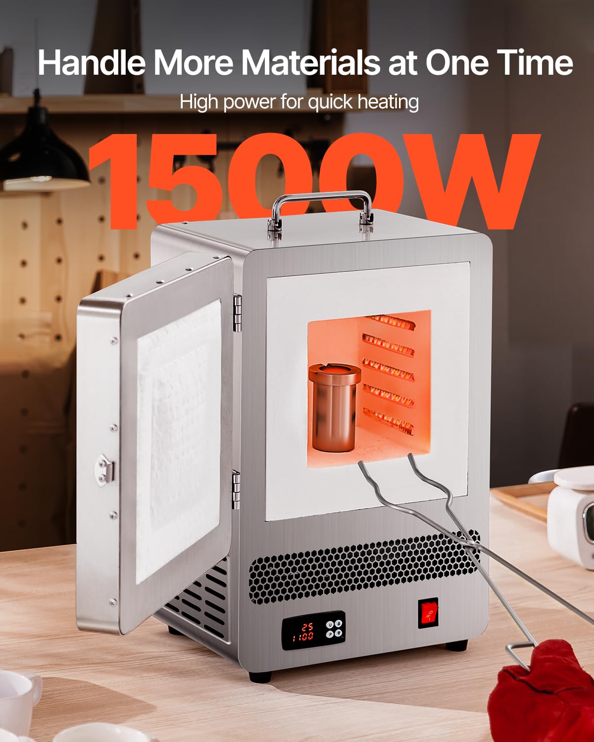 VEVOR Horno Fundidor de Sobremesa, 1500 W Horno Potente Eléctrico de Acero Inoxidable Temperatura Máxima de 1200 ℃ de Fundir Oro para Fundición en Cera, Bricolaje con Arcilla, Templado de Metales