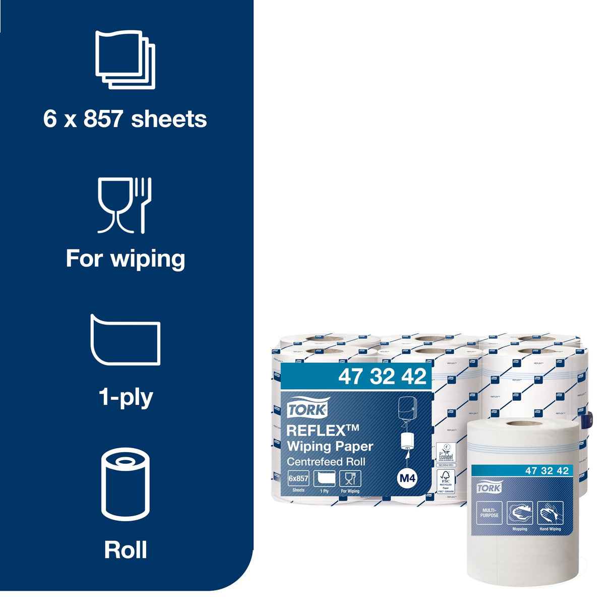 Tork 473242 Papel de secado Reflex/Advanced / 1 capa/Paños de limpieza compatibles con el sistema M4 / 6 bobinas x 300 m de largo/color blanco