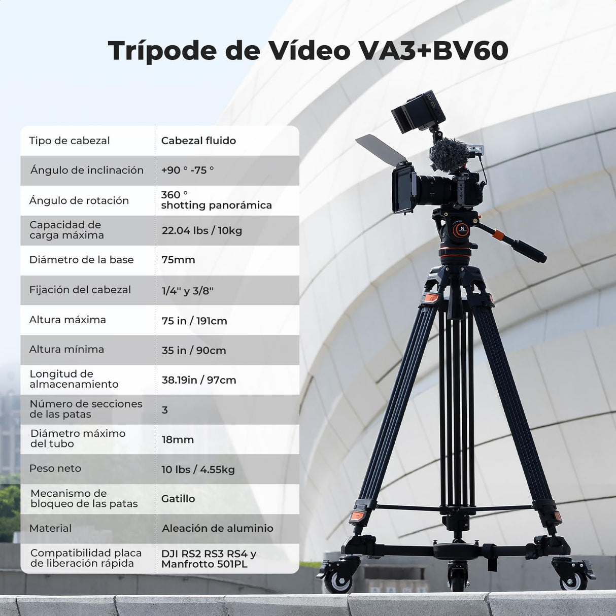 K&F CONCEPT 75"/ 191cm Trípode Video VA3+BV60, Trípode de Aleación de Aluminio Resistente con 360° Cabezal de Fluido, Compatible con Canon Nikon Sony y Otras, Carga hasta 22lb/10kg
