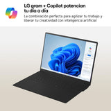 LG gram Pro 16Z90TR-E.AD88B Portátil 16", Windows 11, Intel Core Ultra7 255H, 32GB RAM, 1TB SSD, NVIDIA RTX5050, Pantalla IPS, (2560x1600), 1.360 g, 27 Horas, Negro