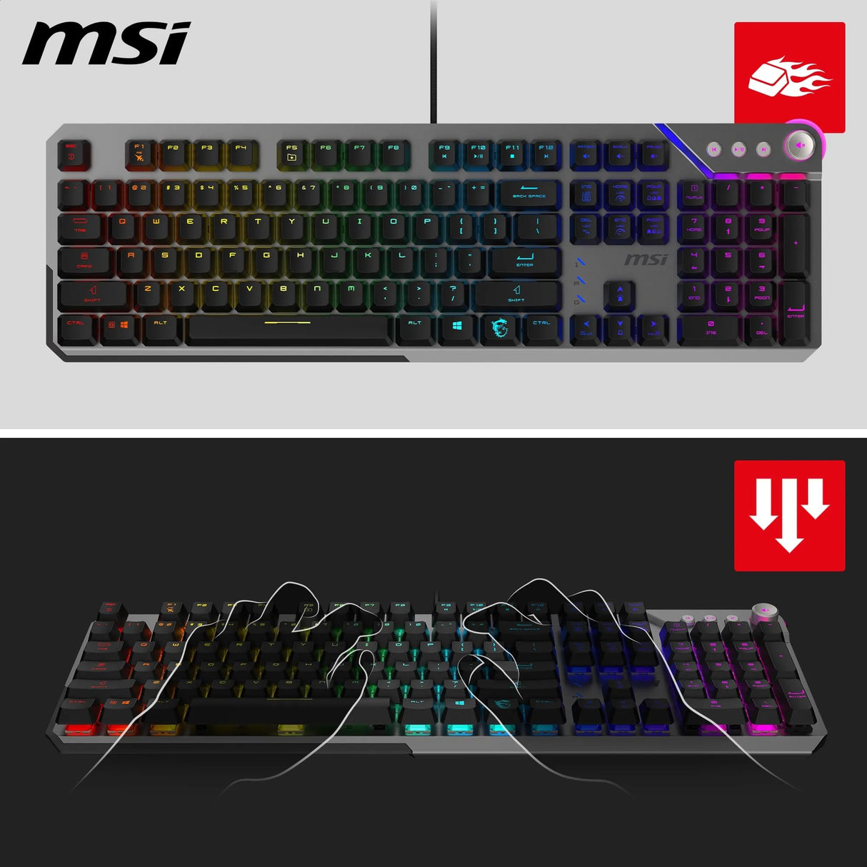 MSI Strike 600 Silent FR Teclado Gaming Silencioso - Interruptores táctiles Kailh Midnight Pro Silent, Teclas ergonómicas, Base Antideslizante, RGB Mystic Light por Tecla, USB 2.0 - Tamaño Completo