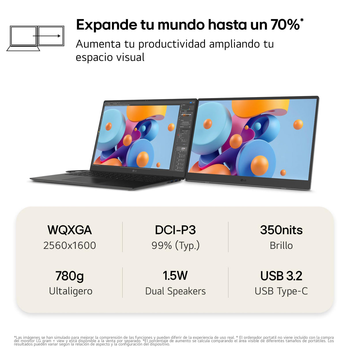 LG 17MT70 - Monitor +View gram, Pantalla Portátil, 17", IPS WQXGA, 16:10, DCI-P3 99%, USB-C, 780gr, Gris