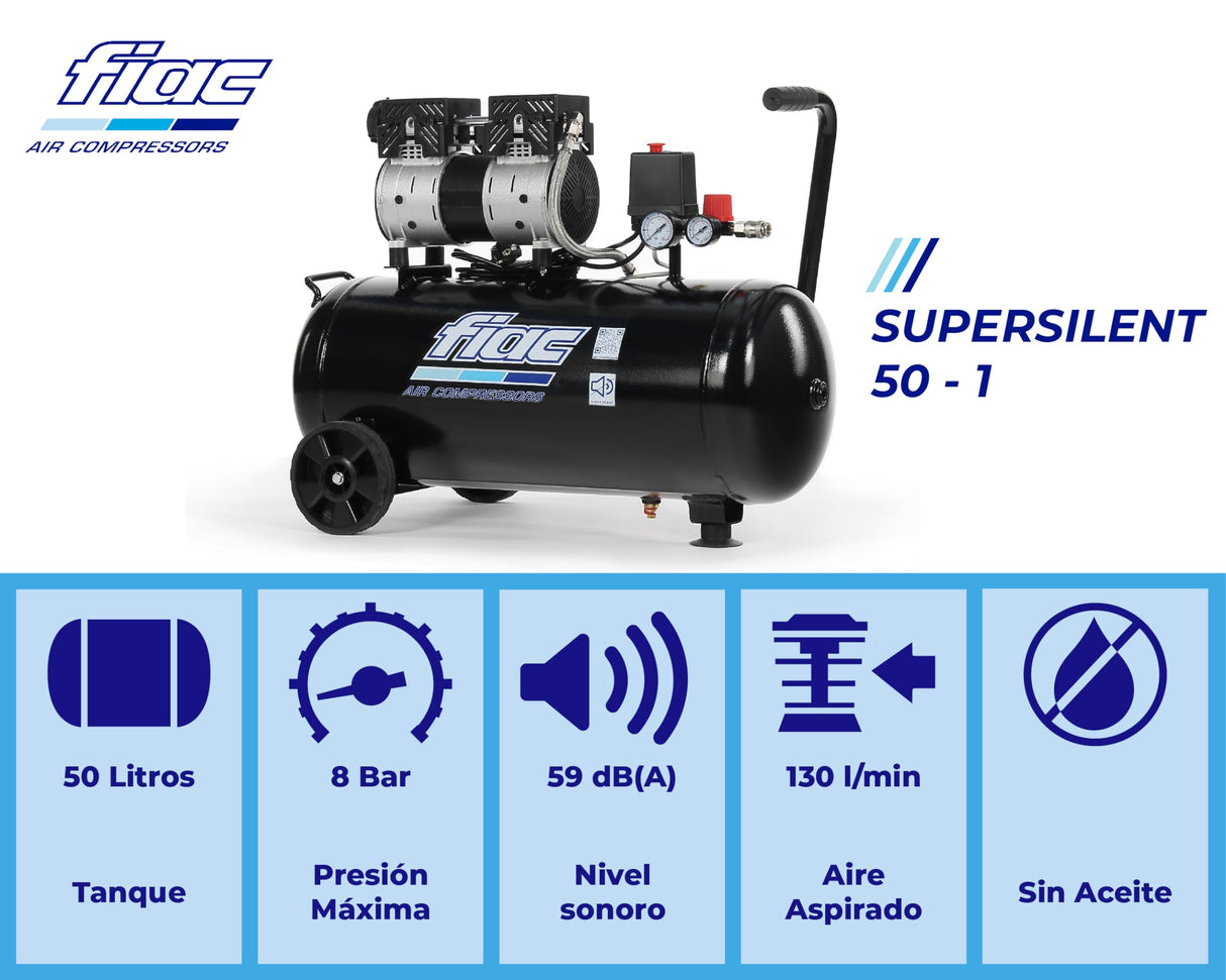FIAC Compresor de Aire Móvil Silencioso SUPERSILENT 50, Sin Aceite, Presión Máxima 8 Bar, 1 Hp, Depósito 50 Litros, Nivel sonoro 58 dB LpA