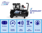 FIAC Compresor de Aire Móvil Silencioso SUPERSILENT 50, Sin Aceite, Presión Máxima 8 Bar, 1 Hp, Depósito 50 Litros, Nivel sonoro 58 dB LpA