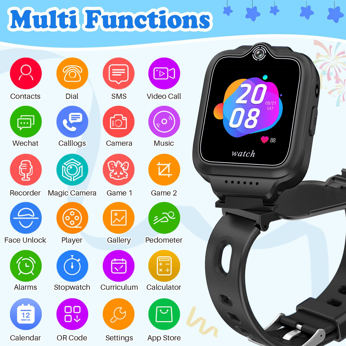 ele ELEOPTION 4G GPS Reloj Inteligente Impermeable para niños y niñas, Llamada bidireccional, Chat de Voz y vídeo, cámara, SOS, Reproductor de vídeo Musical, Alarma