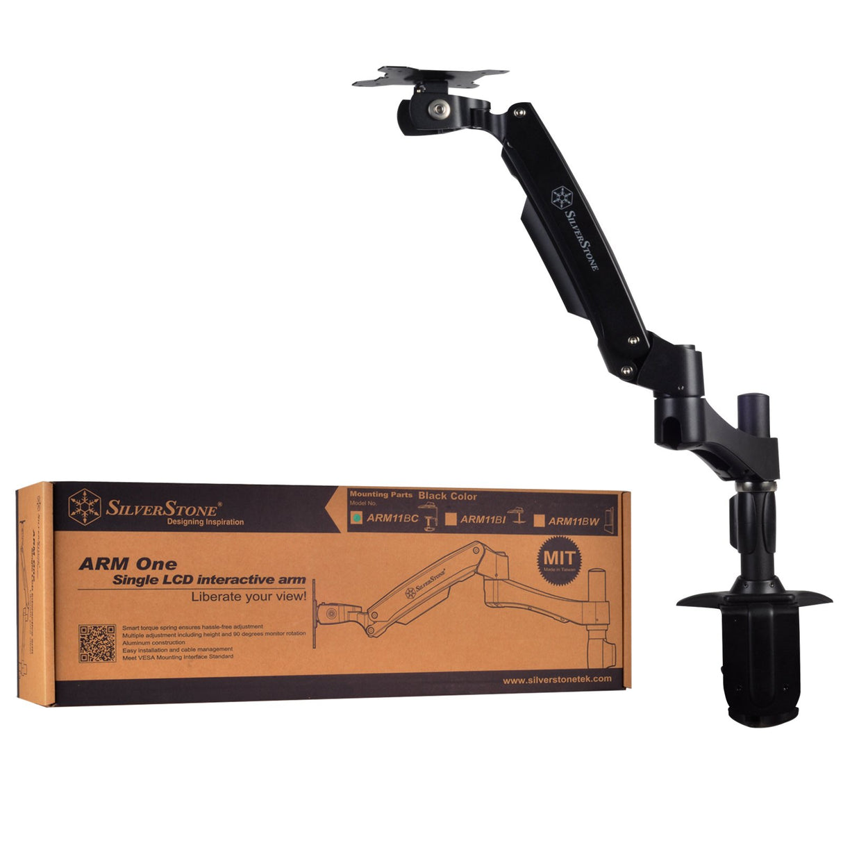 SilverStone SST-ARM11BC - Bracket para montaje de un brazo para monitor LCD LED, Ajustable, con rotación de 360º, brazo basculante arriba/abajo 90º,izquierda/derecha 90º & 180º Max VESA100x100,negro