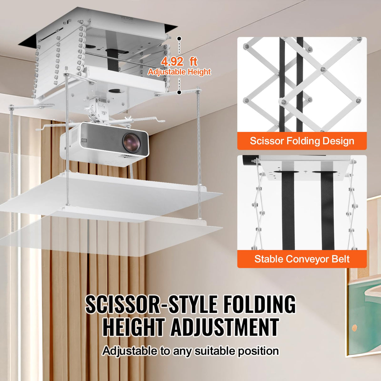 VEVOR Elevador de Proyector Motorizado Elevador de Proyector Eléctrico de Altura Ajustable de 1,5 m, Soporte de Techo para Proyector Oculto con Control Remoto y con Cable para Hogar, Oficina, Blanco