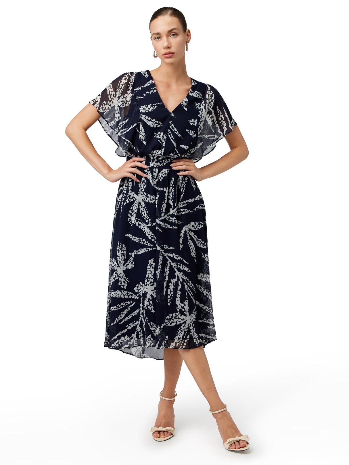 DKNY V-Neck Flutter Sleeve Dress Vestido, Azul Marino/Marfil, 38 Mujeres