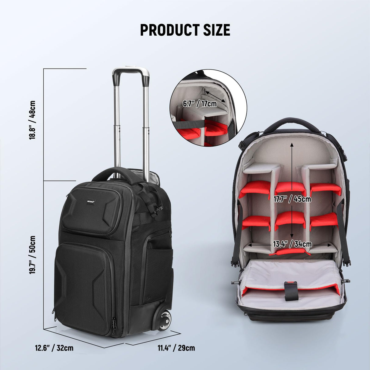NEEWER 2 en 1 Mochila con Ruedas para Cámara con Divisor Prueba de Golpe,Asa Retráctil, Cinturilla, Funda para Lluvia, Mochila de Mano para Cámara, Trípode, Flash, Lente, Portátil, Color Negro, PB027