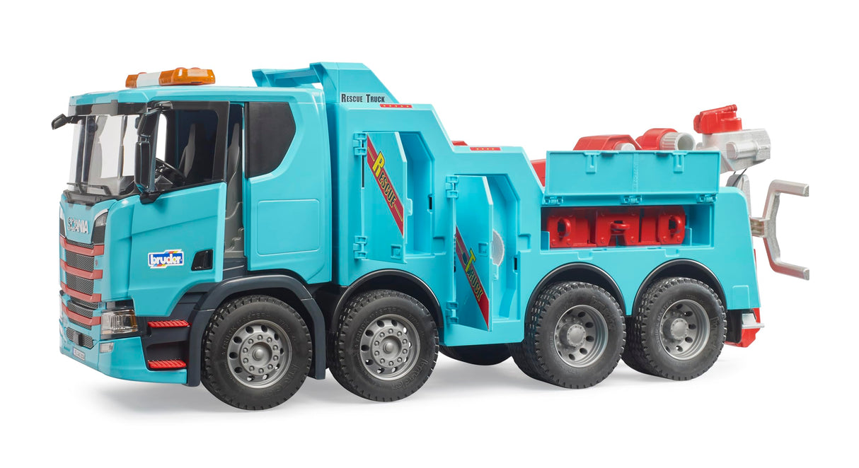 bruder 03553 - Camión de rescate y remolque Scania Super 560R con módulo de luz y sonido - 1:16 Vehículos, grúas, remolcadores, asistencia en carretera, transportadores