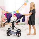 Bayer Design 26254AA Cochecito de Muñeca Gemelas, Carrito Paseo para muñecos, Ajustable en Altura, Plegable, con la Bolsa de Bandoler, Azul con Unicornio y Corazones