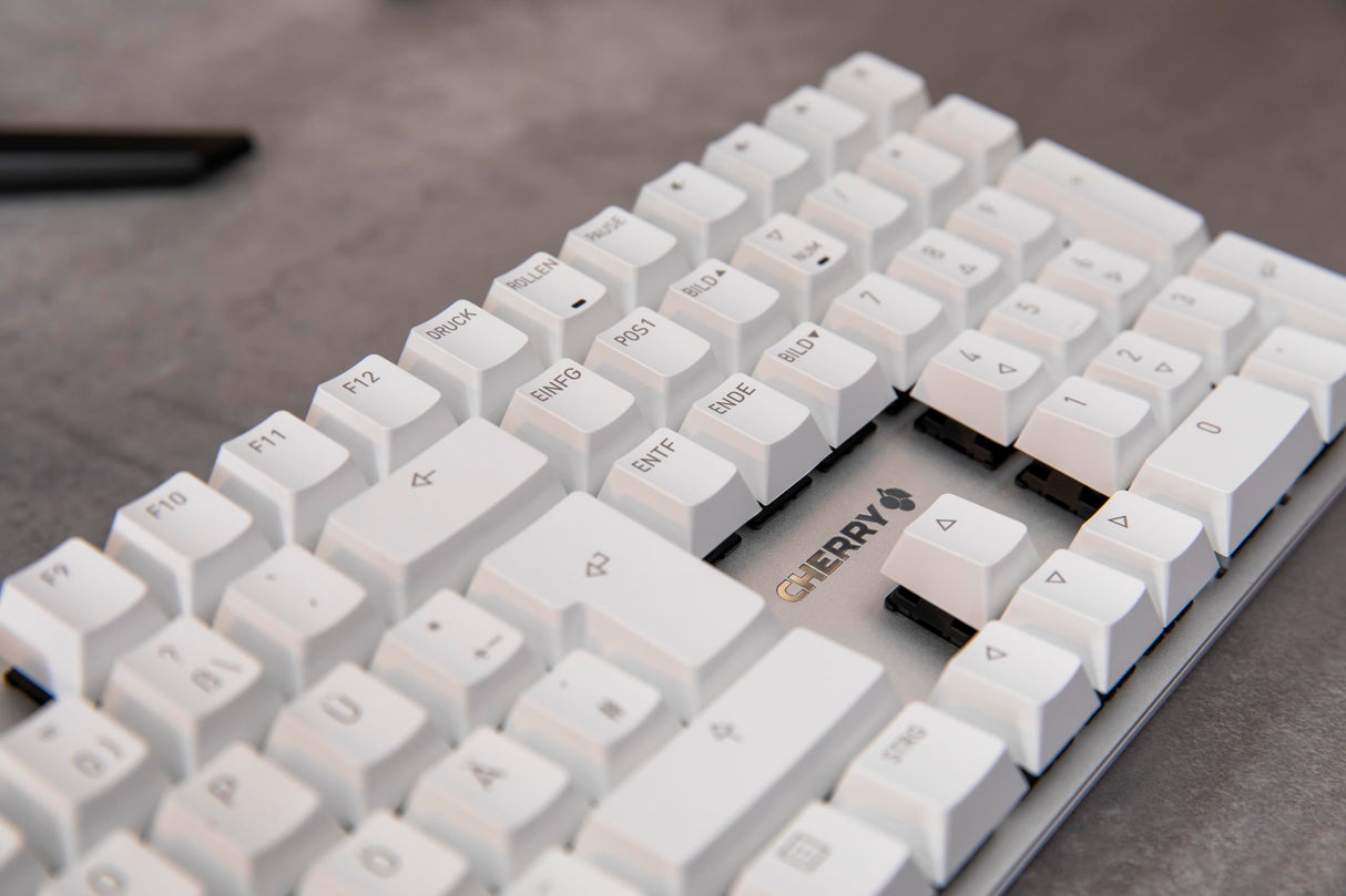 CHERRY KC 200 MX, Teclado Mecánico de Oficina con Placa de Metal Anodizado, Distribución de Teclado Alemán (QWERTZ), con Cable, Switches MX2A SILENT RED, Blanco/Plateado