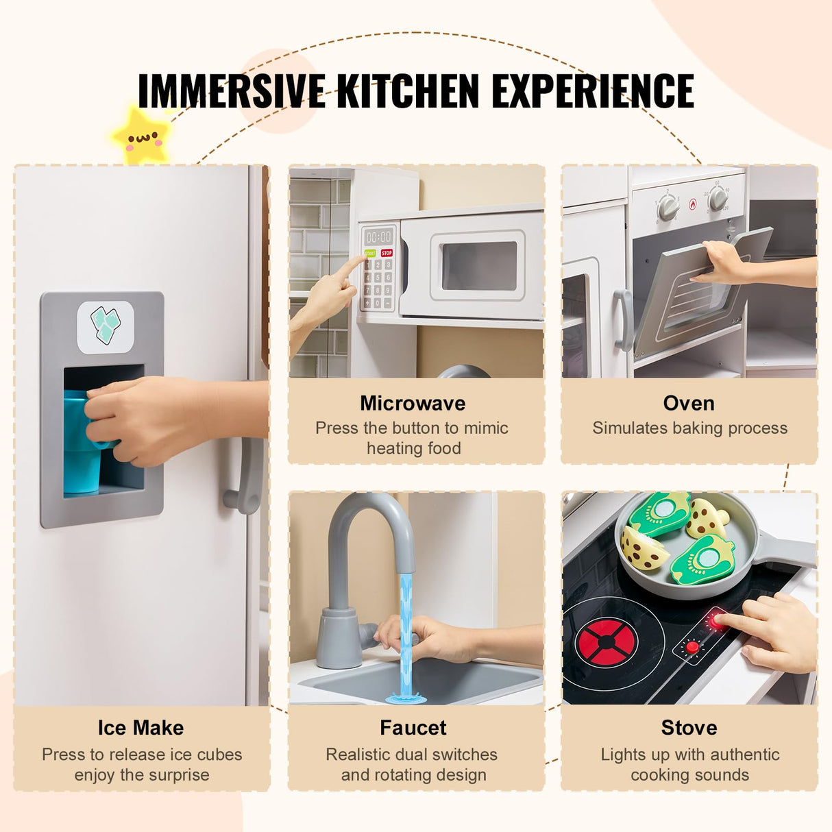 VEVOR Juego de Cocina de Madera de Esquina con Luces y Sonidos Cocina con Máquina de Hielo, Horno, Fregadero, Reloj, Microondas, Refrigerador y Accesorios para Niños Pequeños y Preescolares, Blanco