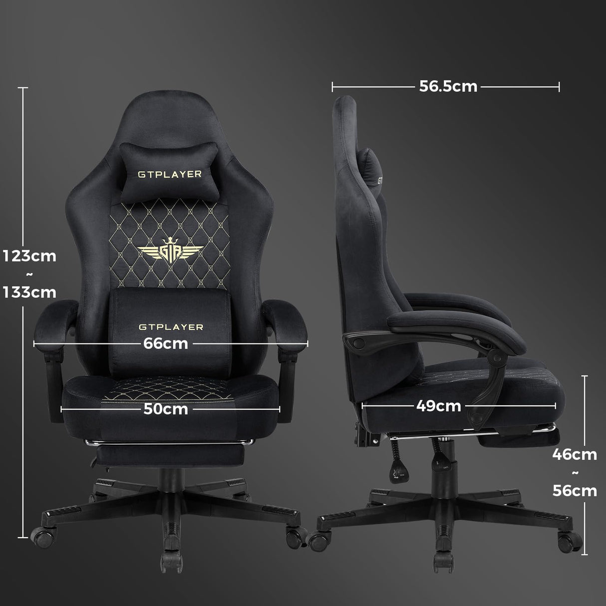 GTPLAYER Silla Gaming Sillón Gaming Tela Silla Gamer Ergonómica Oficina Silla PC, 150 kg, Silla de Mesa Regulable y giratoria con cojín de Asiento con muelles y reposapiés, Negro