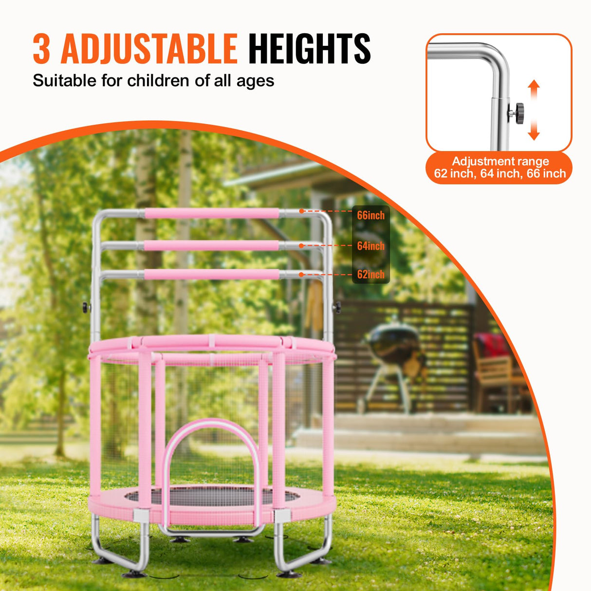 VEVOR Trampolín para Niños para Interiores y Exteriores, Mini Trampolín Recreativo para Niños Pequeños con Red de Seguridad y Aro de Baloncesto, para Niños de más de 3 Años, 1470 x (1540-1690)mm, Rosa