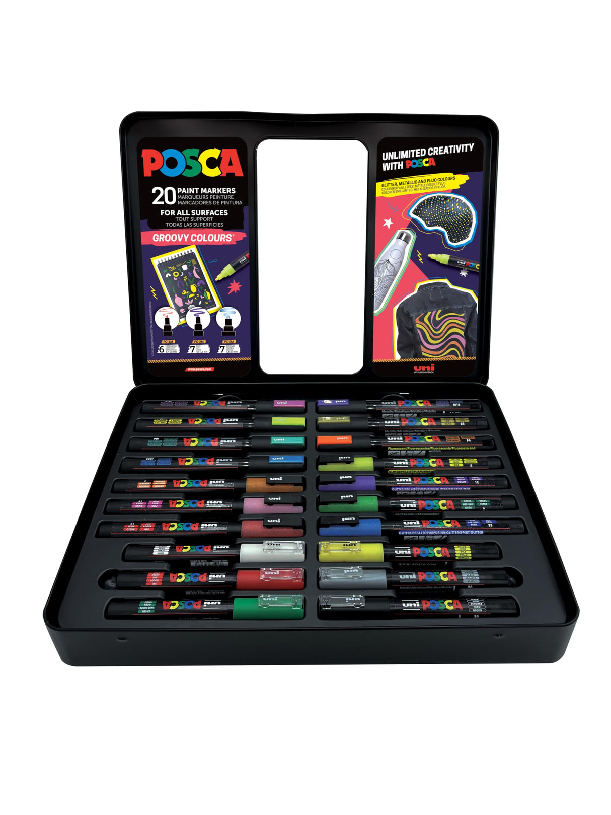 Uni-Ball 186831 - Juego de rotuladores POSCA, 20 rotuladores acrílicos en estuche, juego de rotuladores Groovy Colours, punta PWE5M 1.8-2.5 mm