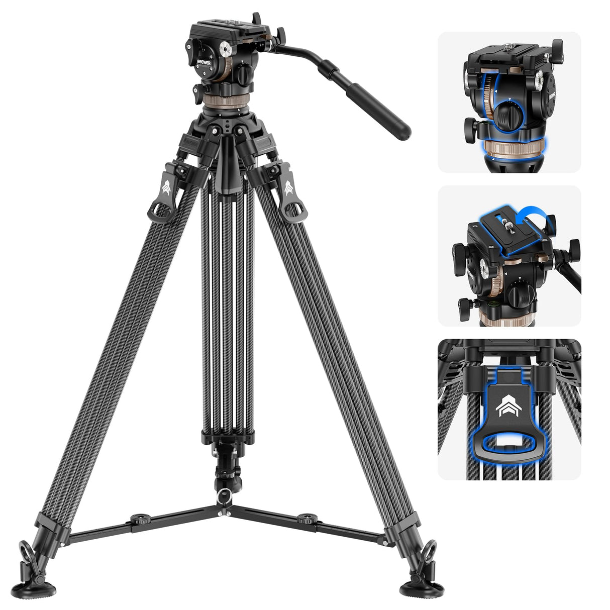 NEEWER 78" Trípode Vídeo de Fibra Carbono con Cabezal Fluido, Trípode de Bloqueo Liberación con 6 Nivel Contrapeso, 4 Nivel Amortiguación de Giro/Inclinación, Placa QR Modo Dual, Máx Carga 18lb, LL55