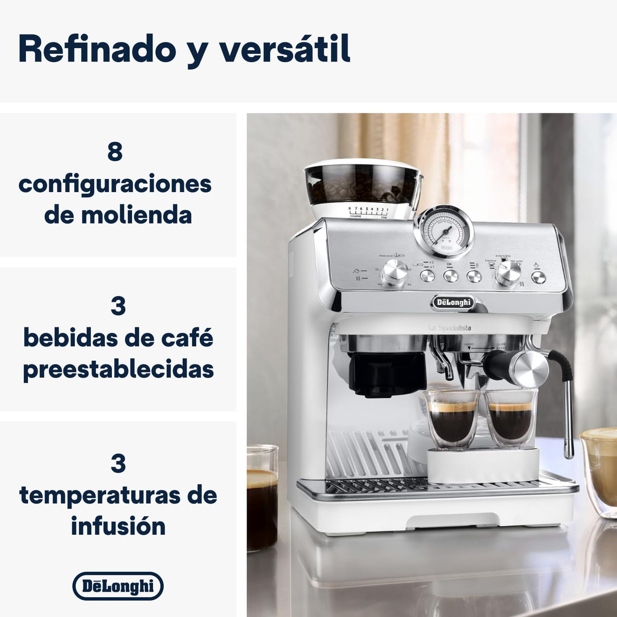 De'Longhi La Specialista Arte EC9155.W, Cafetera Expresso Manual, Tecnología de Molido con Sensor y 8 Ajustes, Control Activo de la Temperatura, Espumador de Leche MyLatte Art, 1550 W, Blanco