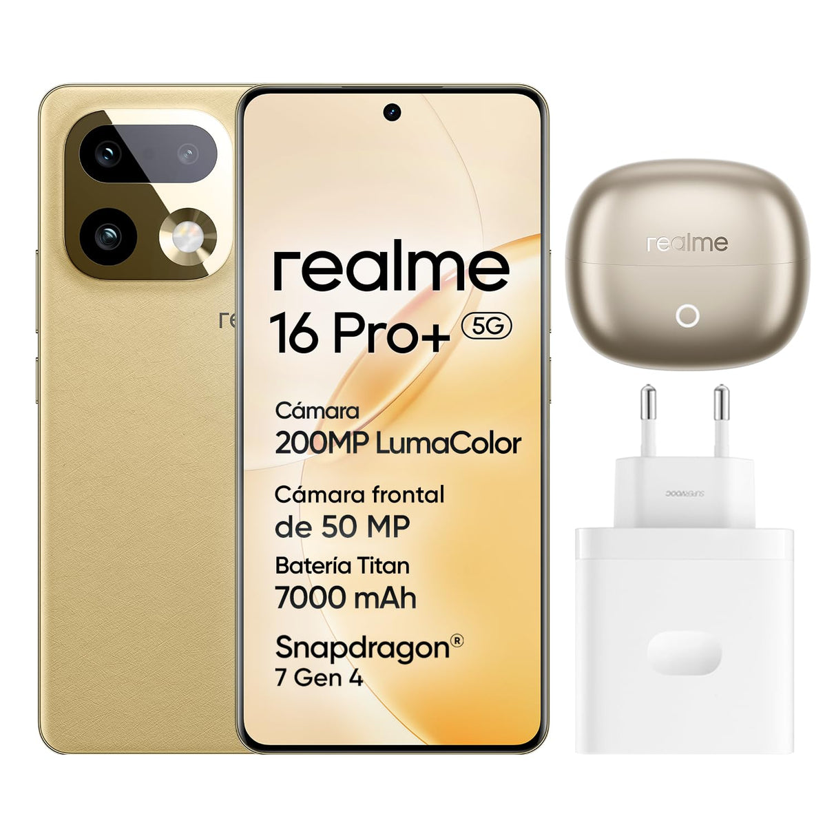 realme 16 Pro+ 5G Smartphone, 8GB+256GB, Pantalla Curva AMOLED 144Hz 6,8", Batería 7000mAh, Cámara 200MP OIS, IP69K, Carga Rápida 80W, Dual SIM, Next AI, Oro (con Adaptador)
