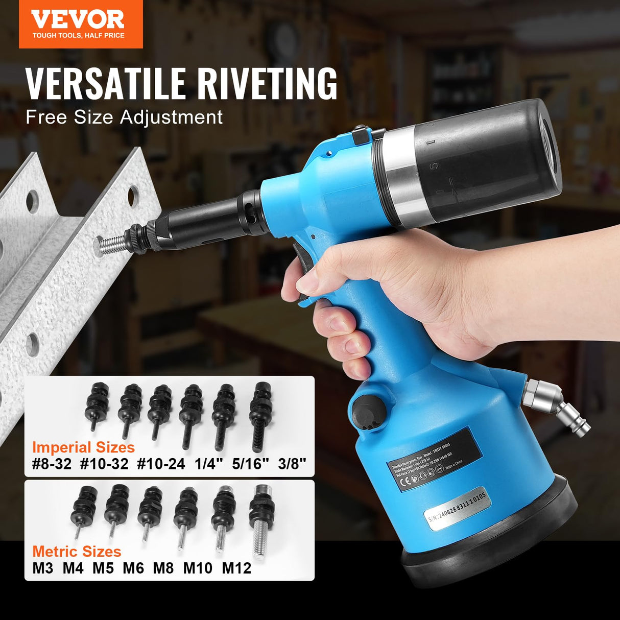 VEVOR Remachadora Neumática con Fuerza de Tracción de 20,2 KN, Alta Resistencia para Herramientas Mecánicas, Construcción, Mejoras en el Hogar, con 13 Piezas de Punta de Tamaño, 250 x 115 x 280 mm