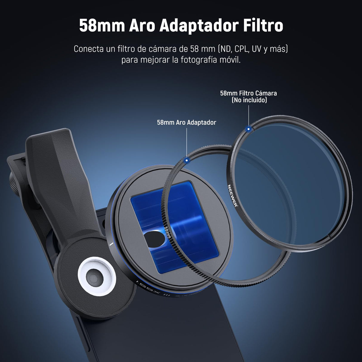 NEEWER 1.55x Lente Anamórfica Azul Compatible con iPhone, Android y Samsung Accesorios Cámaras Teléfono con Clip Rosca 17mm y Aro Adaptador Filtro 58mm, Efecto Cine Pantalla Ancha, LS-43 Ultra