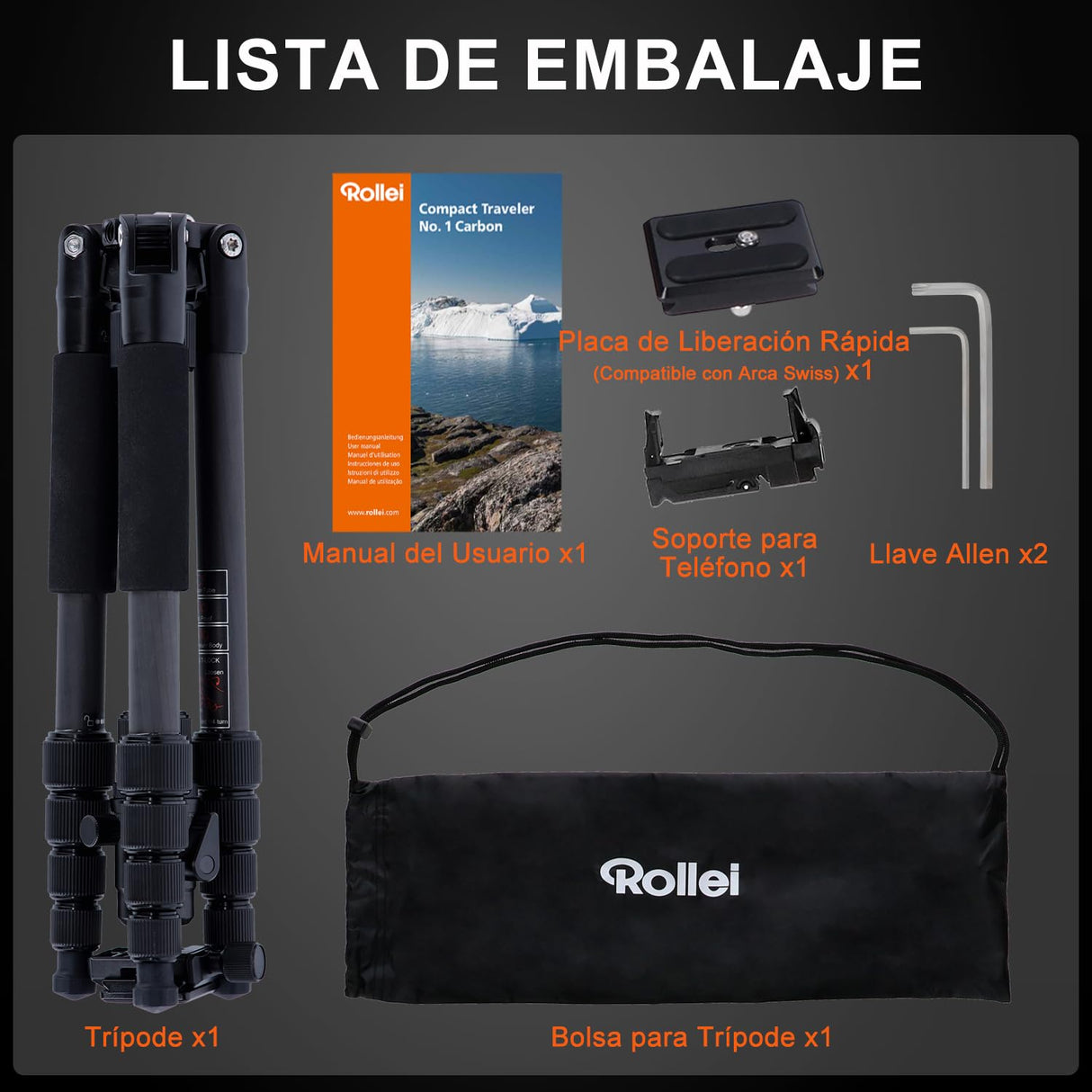 Rollei Tripode Camara Portátil Negro, 145cm Compact Traveler No.1 Carbon Trípode de Viaje Ligero con Soporte para Teléfono y Rótula de Bola 8kg Carga para Movil y Camara, Trípode-Cámara-Viaje-Tripod